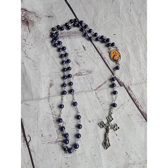 Vintage Blue Glass Silver Tone Rosary Infant Christ St Anthony prayer Beads - Picture 1 of 9